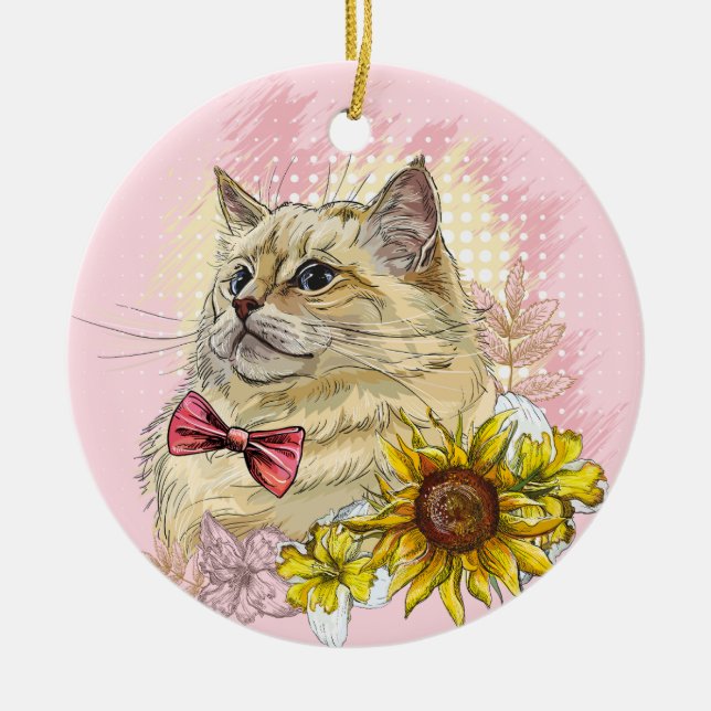 Hand drawing funny Red Ragdoll cat with flowers Ceramic Tree Decoration (Front)