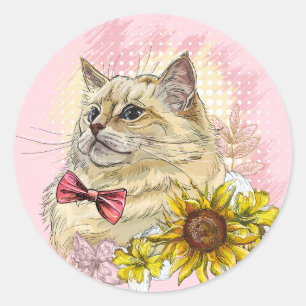 Hand drawing funny Red Ragdoll cat with flowers Classic Round Sticker