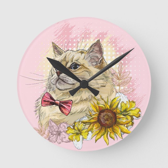 Hand drawing funny Red Ragdoll cat with flowers Round Clock (Front)
