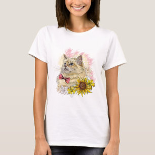 Hand drawing funny Red Ragdoll cat with flowers T-Shirt