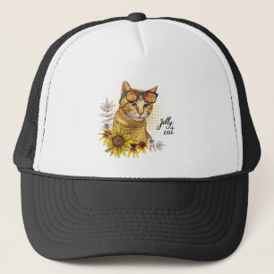 Hand drawing funny red tabby cat in glasses with s trucker hat