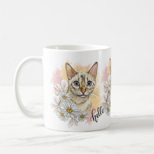Hand drawing funny snow bengal cat with camomiles coffee mug