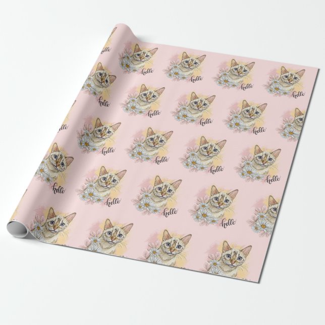 Hand drawing funny snow bengal cat with camomiles wrapping paper (Unrolled)