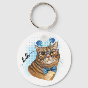 Hand drawing funny Tabby cat in glasses Paper Plat Key Ring