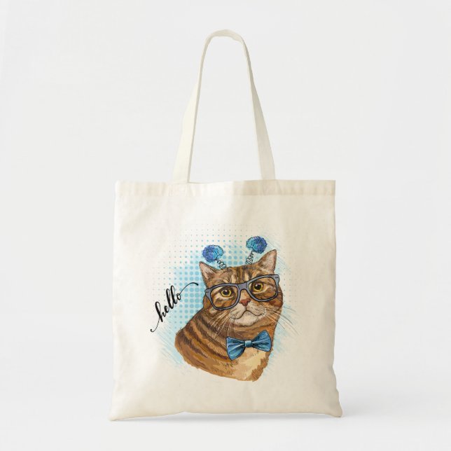 Hand drawing funny Tabby cat in glasses Tote Bag (Front)