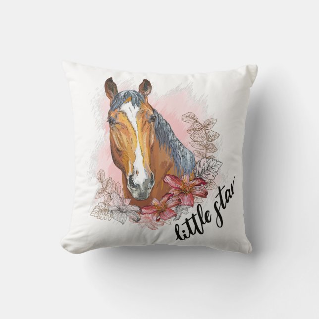 Hand drawing horse with plants and flowers cushion (Front)
