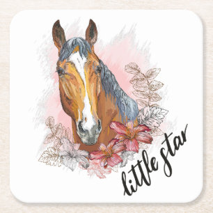 Hand drawing horse with plants and flowers T-Shirt Square Paper Coaster