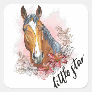 Hand drawing horse with plants and flowers T-Shirt Square Sticker