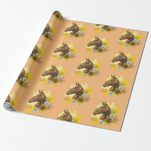 Hand drawing horse with plants and flowers wrapping paper