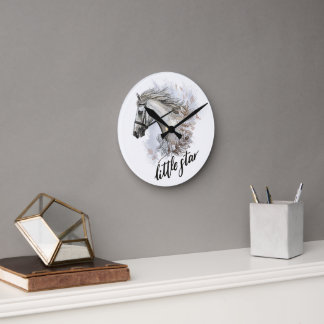 Hand drawing horse with plants throw pillow round clock