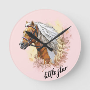 Hand drawing horse with plants throw pillow round clock