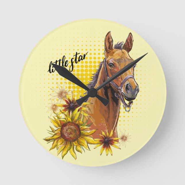 Hand drawing horse with sunflowers throw pillow round clock (Front)