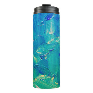Hand drawing oil painting, spots of paint and brus thermal tumbler