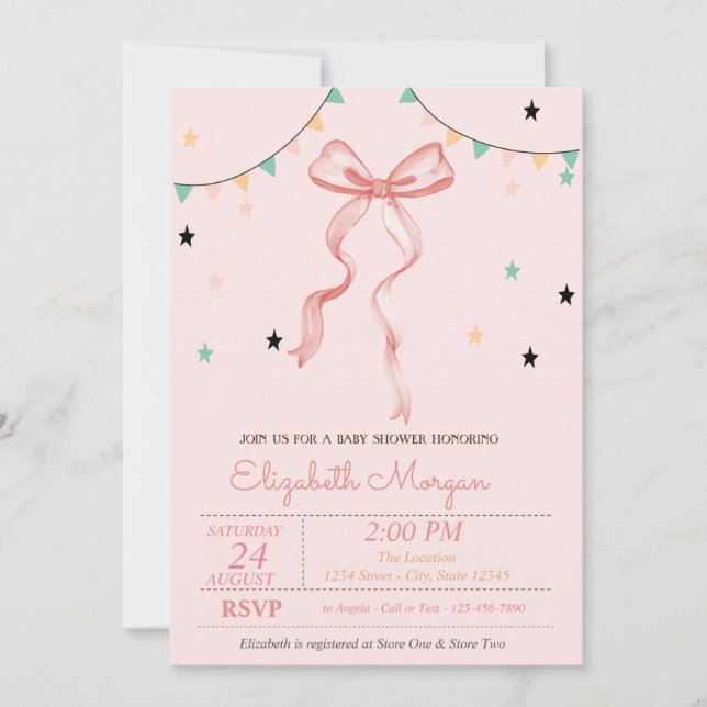 Hand Drawing Pink Bow Stars Baby Shower Invitation (Front)