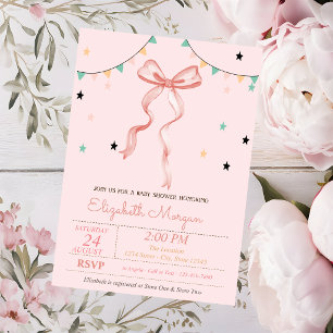 Hand Drawing Pink Bow Stars Baby Shower Invitation