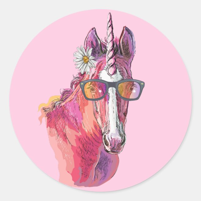 Hand drawing pink Unicorn Classic Round Sticker (Front)
