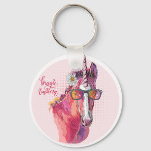 Hand drawing pink Unicorn Tote Bag Key Ring