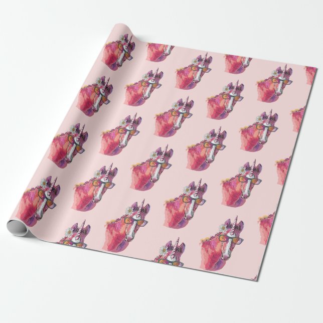 Hand drawing pink Unicorn Wrapping Paper (Unrolled)