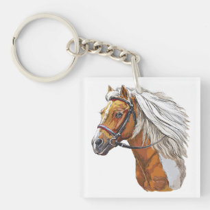 Hand drawing pinto horse portrait key ring