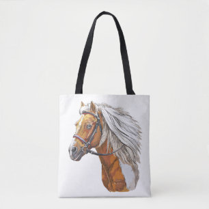 Hand drawing pinto horse portrait tote bag
