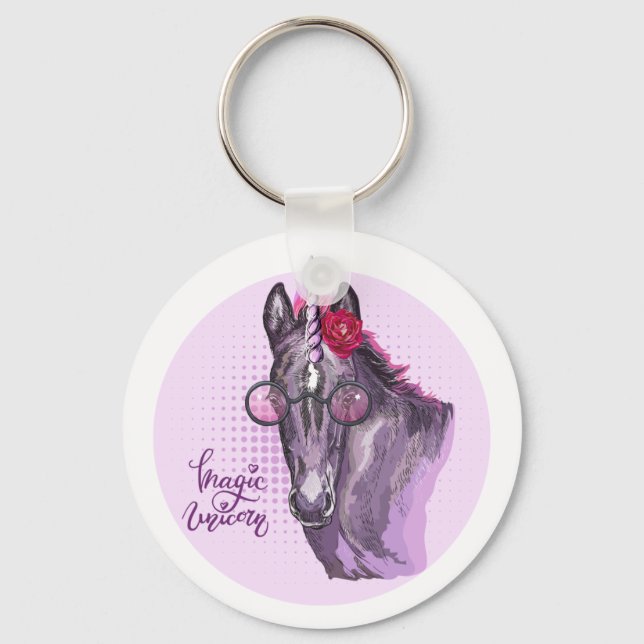 Hand drawing purple Unicorn Throw Pillow Beverage  Key Ring (Front)