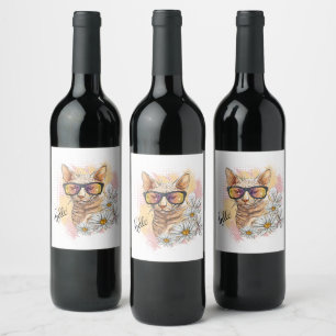 Hand drawing Sphynx cat with flowers Square Sticke Wine Label
