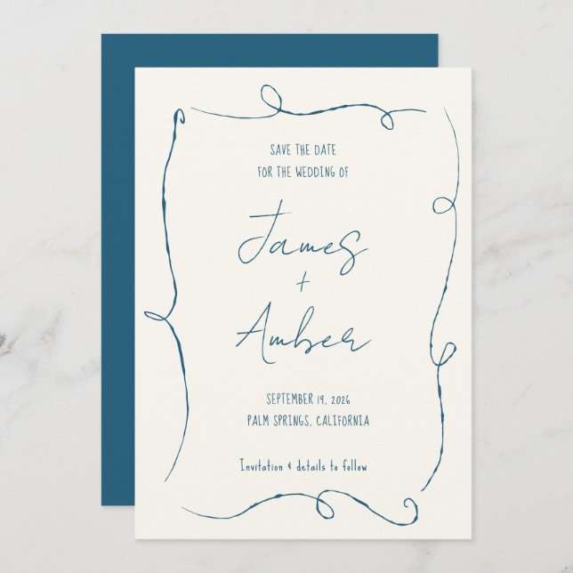 Hand drawing squiggly lines teal blue wedding save the date (Front/Back)