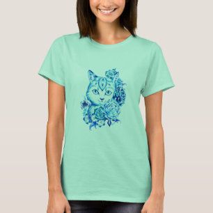 Hand Drawn 10 Blue Shades Cat Long Sleeve Shirt