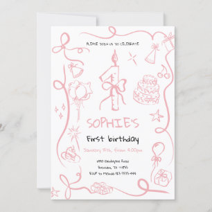 Hand Drawn 1st Birthday Invitation, Birthday  Invitation