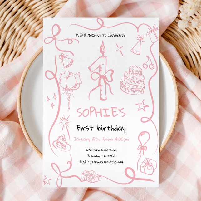 Hand Drawn 1st Birthday Invitation, Birthday  Invitation (Creator Uploaded)
