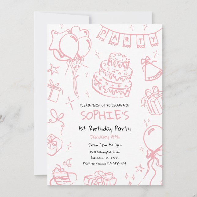 Hand Drawn 1st Birthday Invite, Doodle Birthday Invitation (Front)