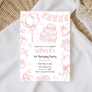 Hand Drawn 1st Birthday Invite, Doodle Birthday Invitation