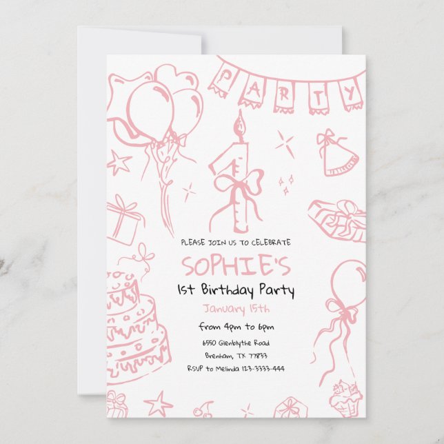 Hand Drawn 1st Birthday Invite, Doodle Birthday Invitation (Front)