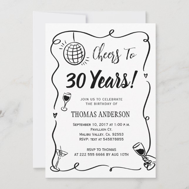 Hand Drawn 30th Birthday Party Celebration Invitation (Front)