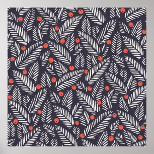 Hand drawn abstract Christmas foliage, red holy be Poster