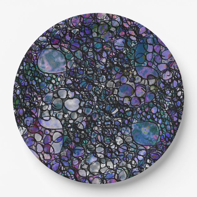 Hand-Drawn Abstract Circles, Blue, Purple, Black Paper Plate (Front)