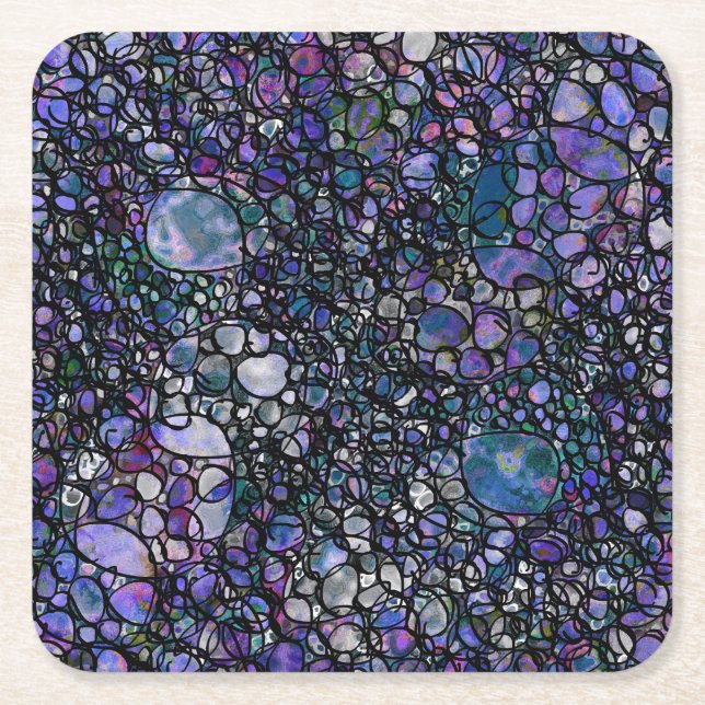 Hand-Drawn Abstract Circles, Blue, Purple, Black Square Paper Coaster (Front)