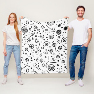 Hand-Drawn Abstract Doodle - Black and White Fleece Blanket