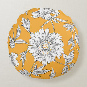 Hand drawn abstract garden flowers. Contour drawin Round Cushion