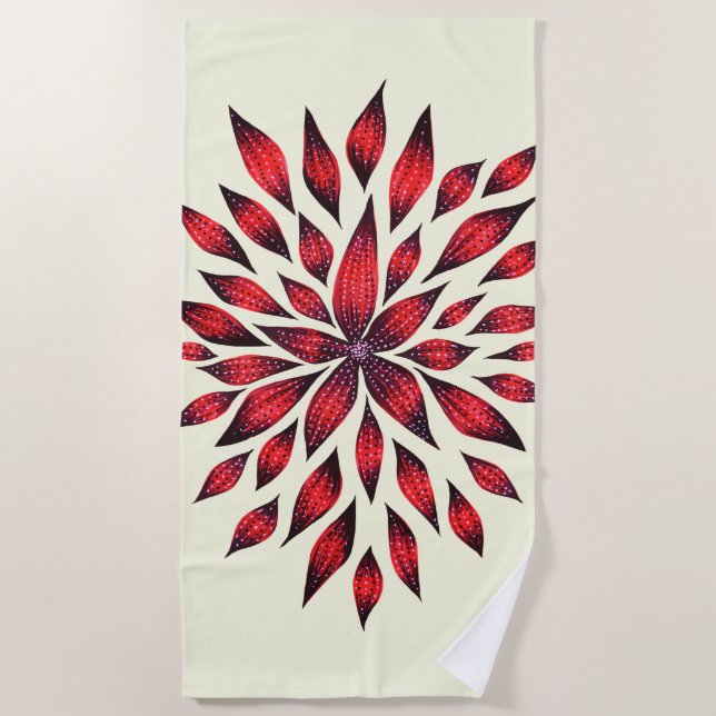 Hand Drawn Abstract Red Doodle Flower Beach Towel (Front)