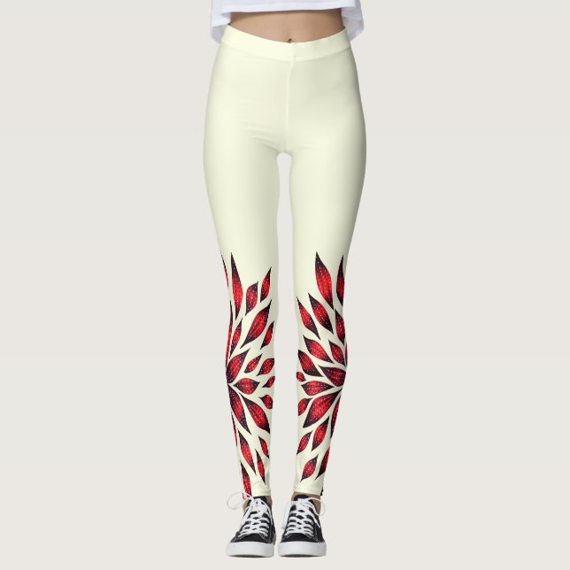 Hand Drawn Abstract Red Doodle Flower Leggings (Front)