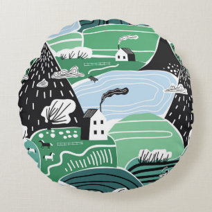 Hand drawn abstract scandinavian graphic illustrat round cushion