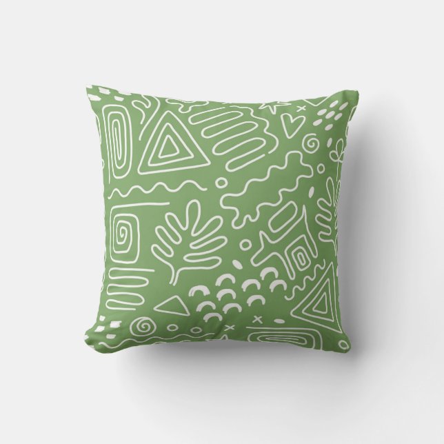 Hand drawn abstract shapes green pattern cushion (Front)