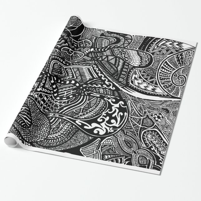 Hand-drawn Abstract Tribal Crazy Doodle Wrapping Paper (Unrolled)