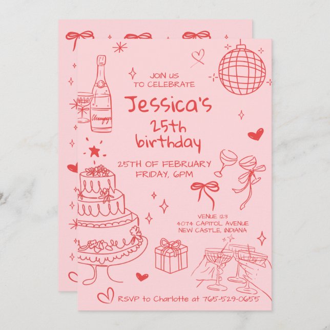 Hand Drawn Adult Handwritten Scribble Birthday  Invitation (Front/Back)