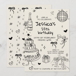 Hand Drawn Adult Handwritten Scribble Birthday  Invitation