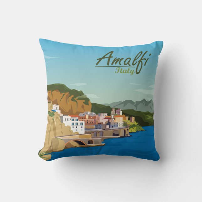Hand Drawn Amalfi Italy Landscape Scenery Sketch Cushion (Front)