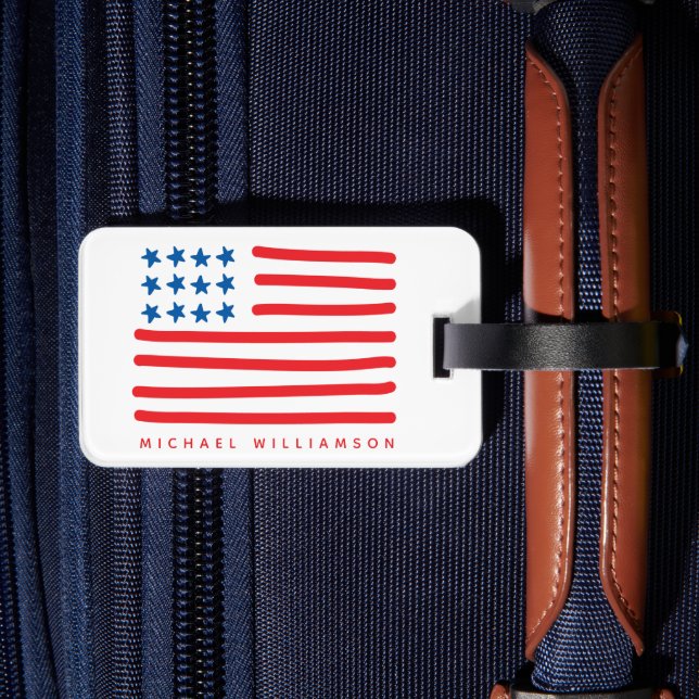 Hand Drawn American Flag | Personalised Luggage Tag (Back Insitu 2)