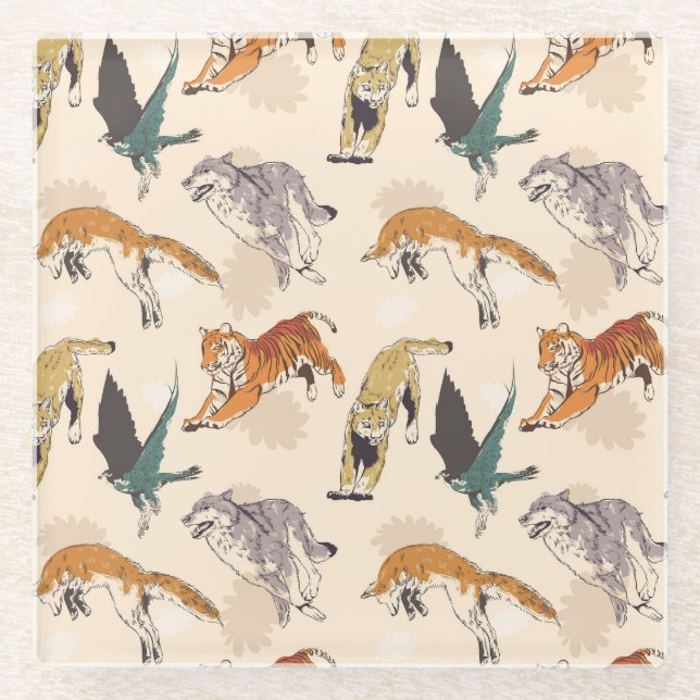 Hand Drawn Animals in the Wild Retro Sketch Glass Coaster (Front)