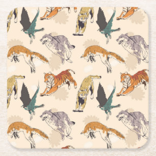 Hand Drawn Animals in the Wild Retro Sketch Square Paper Coaster
